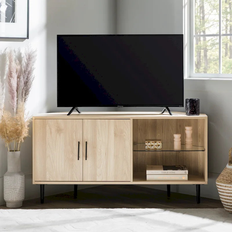 Meuble TV d'angle 48 po avec 2 portes d'armoire et tablette en verre réglable