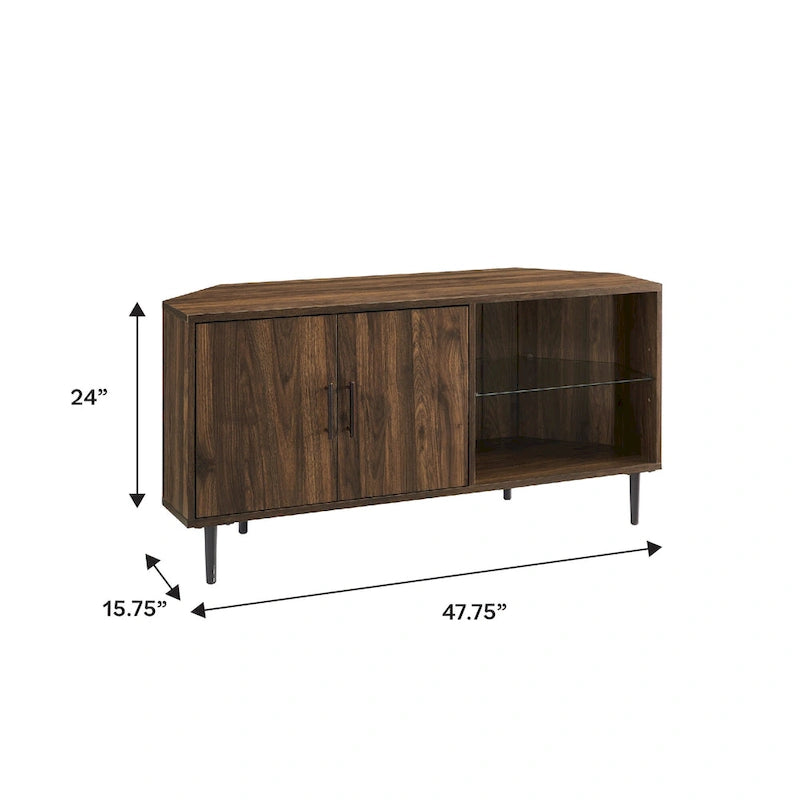 Meuble TV d'angle 48 po avec 2 portes d'armoire et tablette en verre réglable