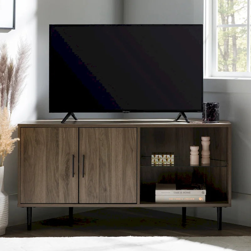 Meuble TV d'angle 48 po avec 2 portes d'armoire et tablette en verre réglable
