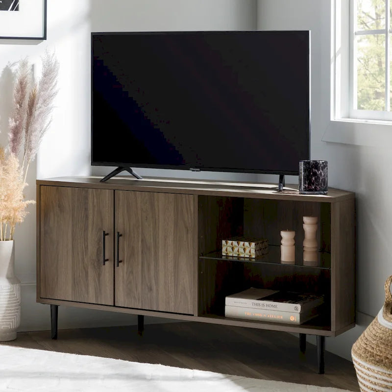 Meuble TV d'angle 48 po avec 2 portes d'armoire et tablette en verre réglable