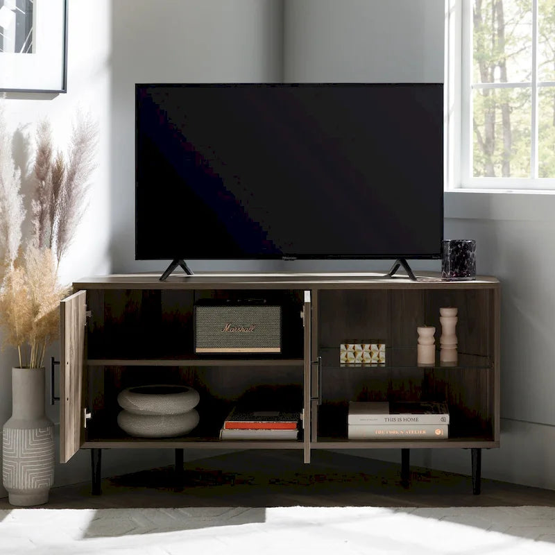 Meuble TV d'angle 48 po avec 2 portes d'armoire et tablette en verre réglable