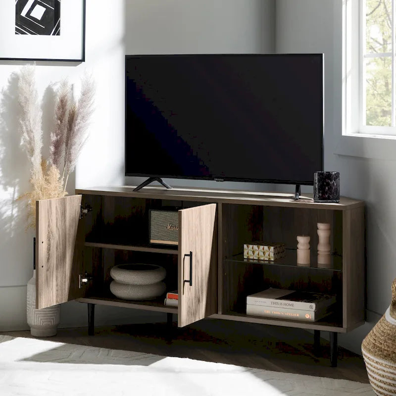 Meuble TV d'angle 48 po avec 2 portes d'armoire et tablette en verre réglable