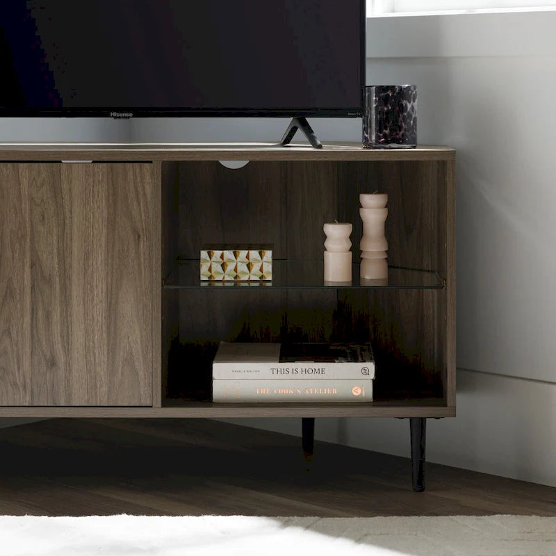 Meuble TV d'angle 48 po avec 2 portes d'armoire et tablette en verre réglable