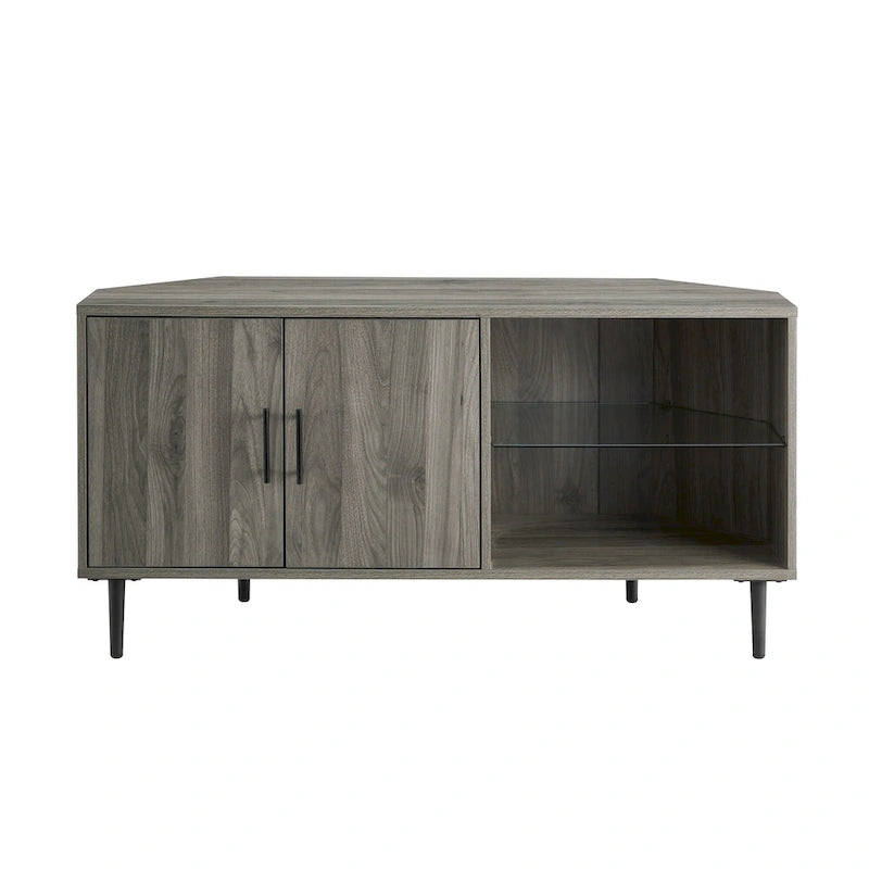 Meuble TV d'angle 48 po avec 2 portes d'armoire et tablette en verre réglable