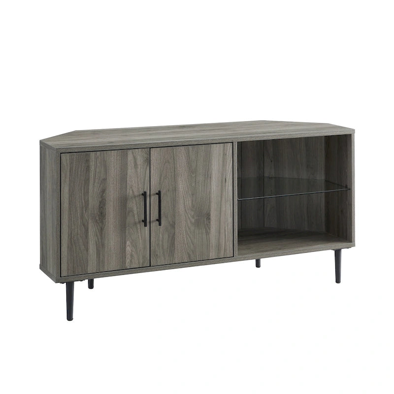 Meuble TV d'angle 48 po avec 2 portes d'armoire et tablette en verre réglable