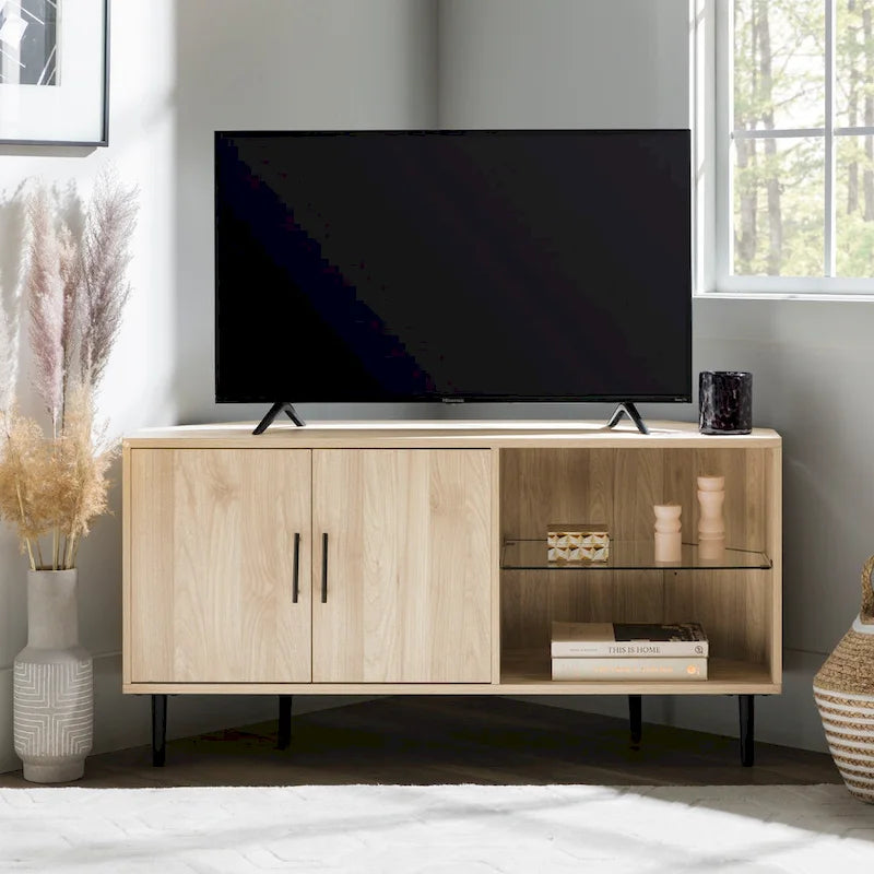 Meuble TV d'angle 48 po avec 2 portes d'armoire et tablette en verre réglable