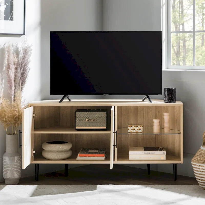 Meuble TV d'angle 48 po avec 2 portes d'armoire et tablette en verre réglable