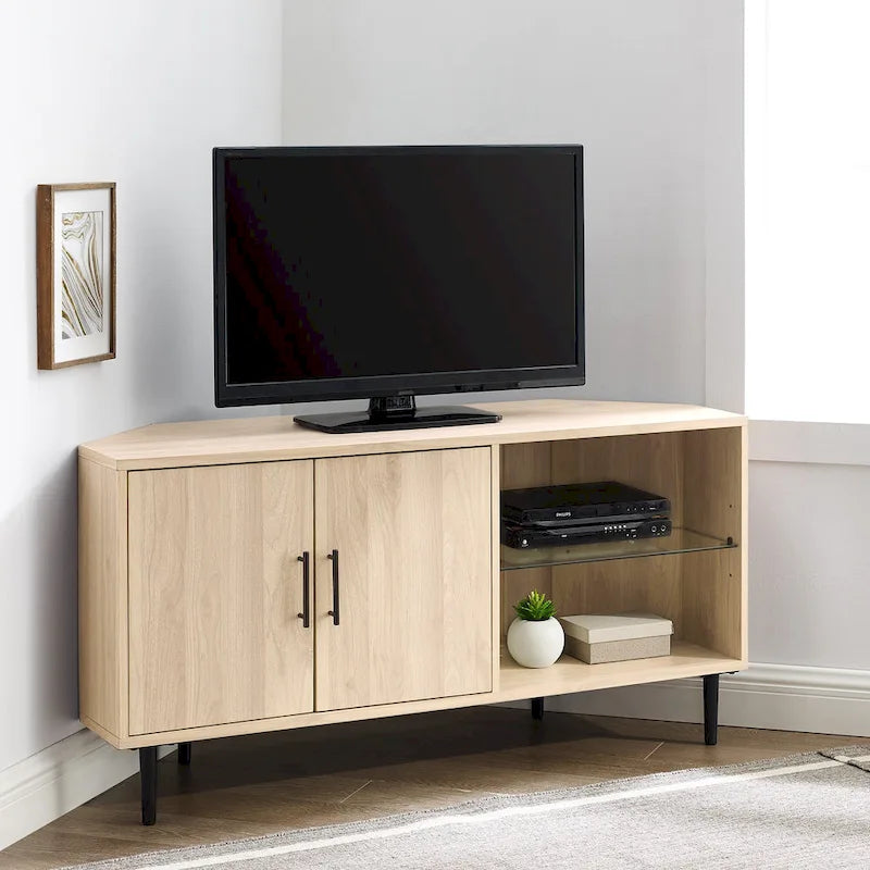 Meuble TV d'angle 48 po avec 2 portes d'armoire et tablette en verre réglable