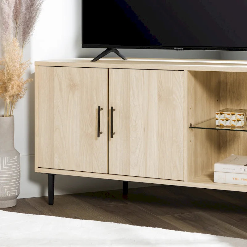 Meuble TV d'angle 48 po avec 2 portes d'armoire et tablette en verre réglable