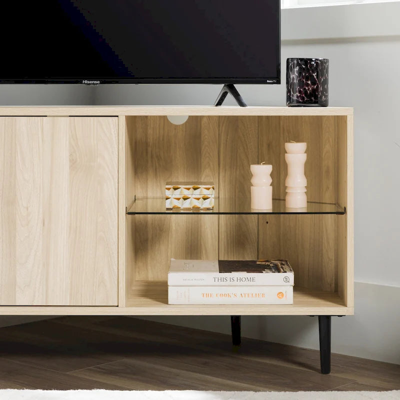 Meuble TV d'angle 48 po avec 2 portes d'armoire et tablette en verre réglable