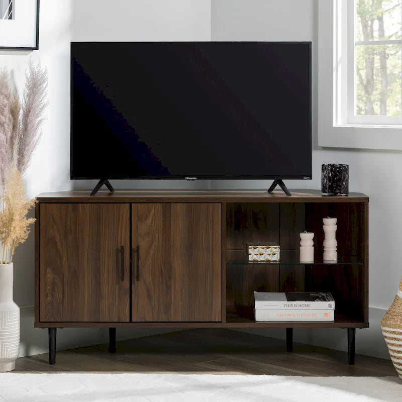 Meuble TV d'angle 48 po avec 2 portes d'armoire et tablette en verre réglable