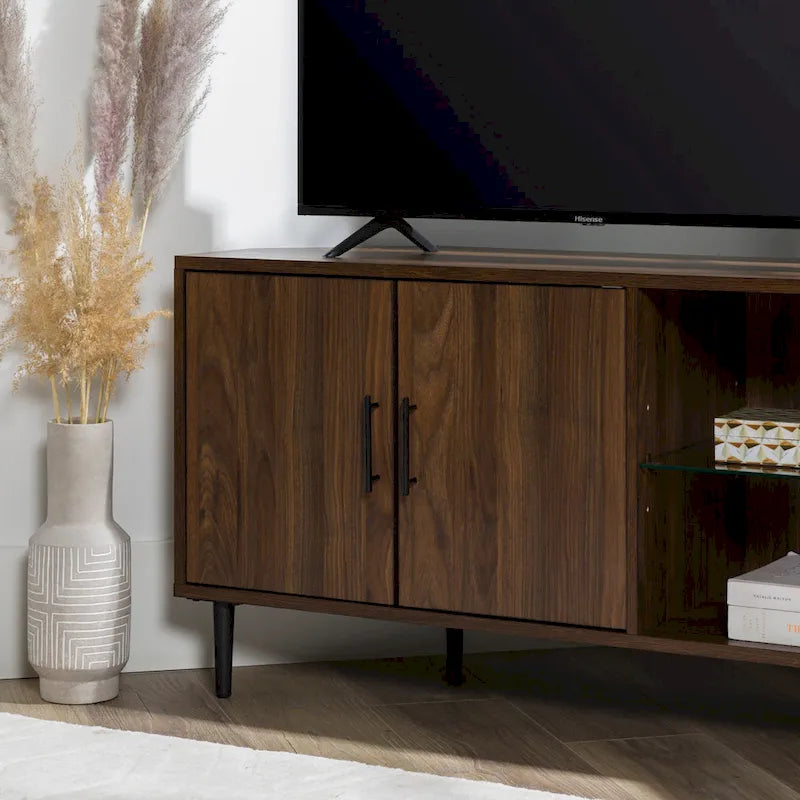 Meuble TV d'angle 48 po avec 2 portes d'armoire et tablette en verre réglable
