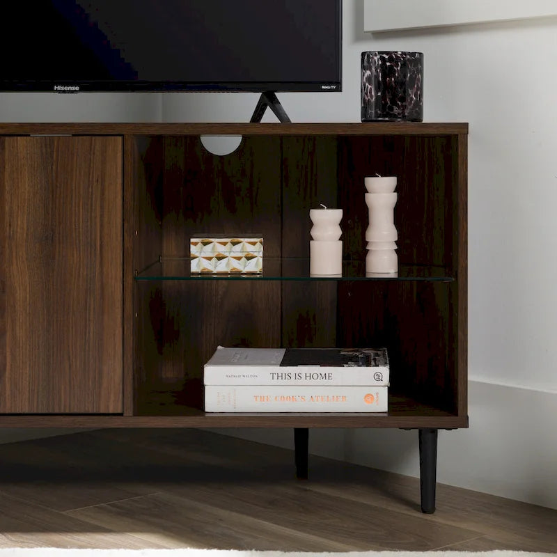 Meuble TV d'angle 48 po avec 2 portes d'armoire et tablette en verre réglable