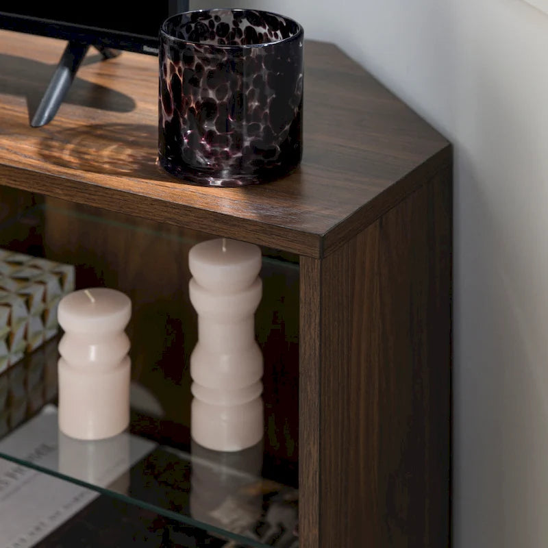 Meuble TV d'angle 48 po avec 2 portes d'armoire et tablette en verre réglable