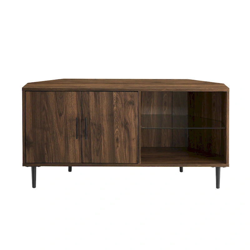Meuble TV d'angle 48 po avec 2 portes d'armoire et tablette en verre réglable