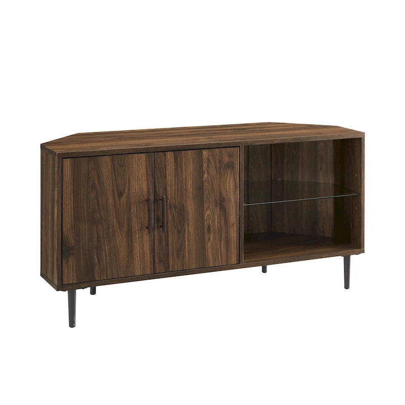 Meuble TV d'angle 48 po avec 2 portes d'armoire et tablette en verre réglable