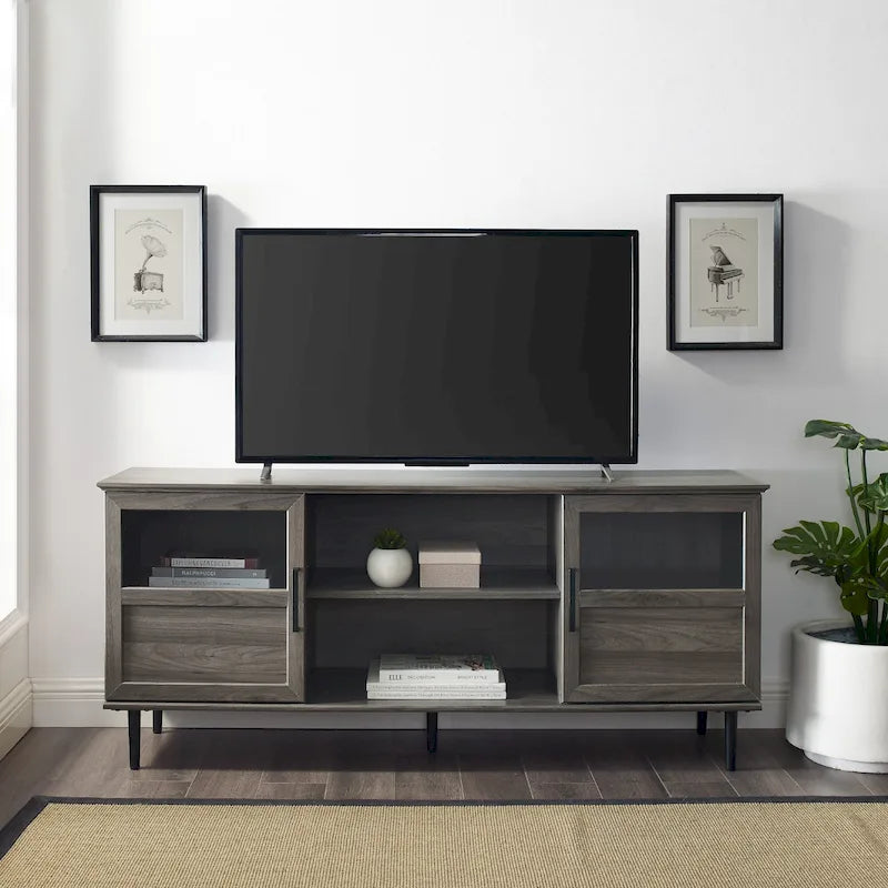 Meuble TV 2 portes à panneaux 147 cm – Chêne rustique / Gris ardoise / Noyer foncé, convient aux TV jusqu'à 165 cm