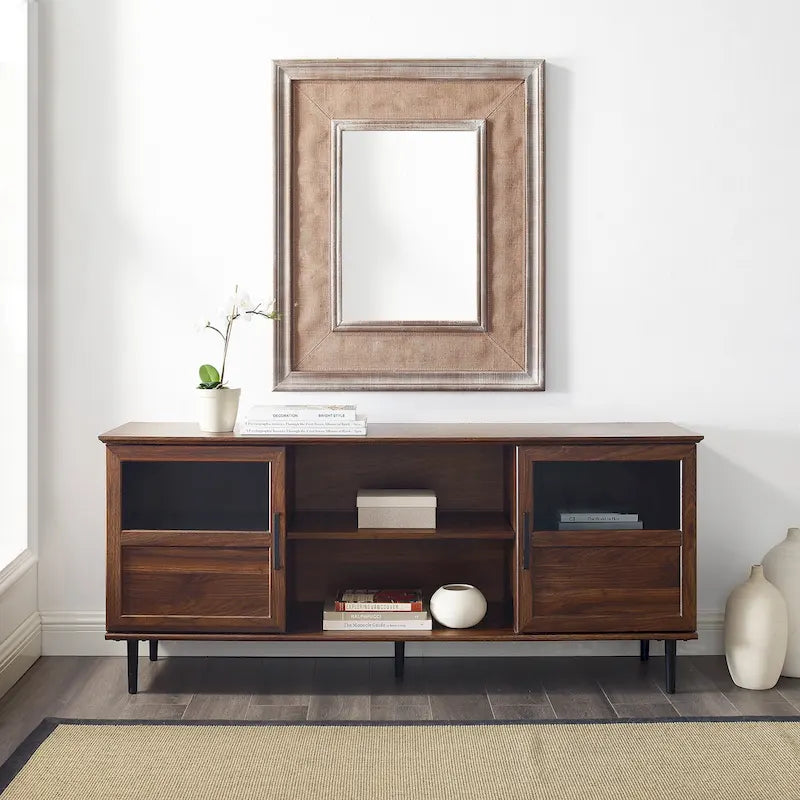 Meuble TV 2 portes à panneaux 147 cm – Chêne rustique / Gris ardoise / Noyer foncé, convient aux TV jusqu'à 165 cm