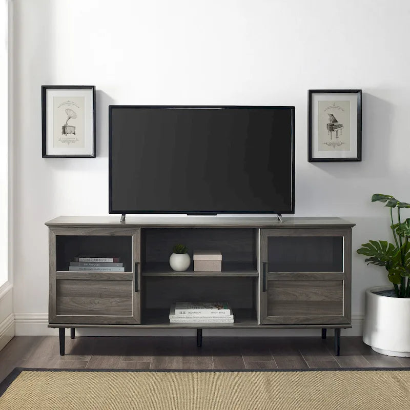 Meuble TV 2 portes à panneaux 147 cm – Chêne rustique / Gris ardoise / Noyer foncé, convient aux TV jusqu'à 165 cm