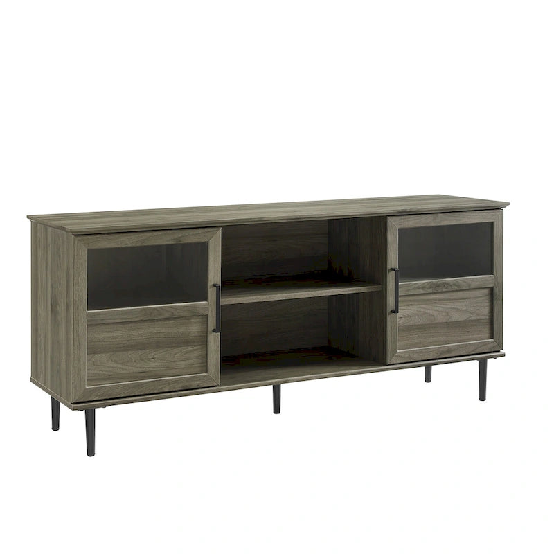 Meuble TV 2 portes à panneaux 147 cm – Chêne rustique / Gris ardoise / Noyer foncé, convient aux TV jusqu'à 165 cm