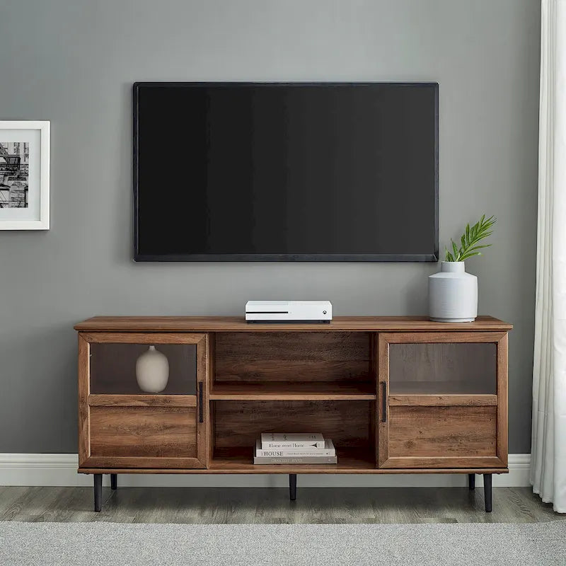Meuble TV 2 portes à panneaux 147 cm – Chêne rustique / Gris ardoise / Noyer foncé, convient aux TV jusqu'à 165 cm