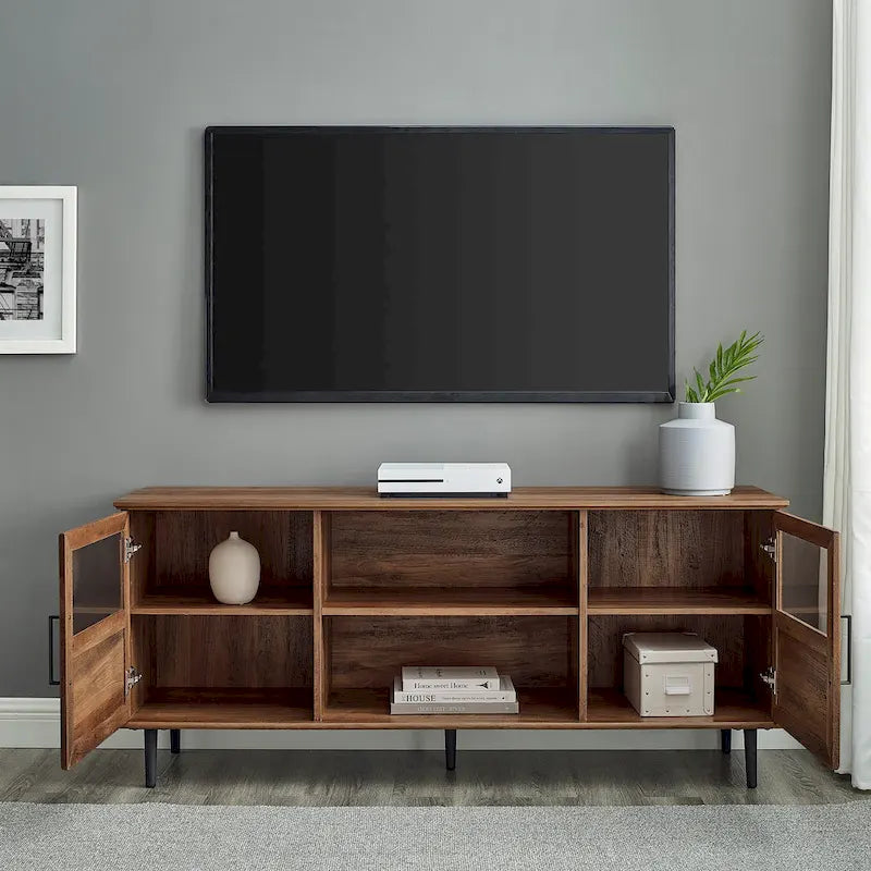 Meuble TV 2 portes à panneaux 147 cm – Chêne rustique / Gris ardoise / Noyer foncé, convient aux TV jusqu'à 165 cm
