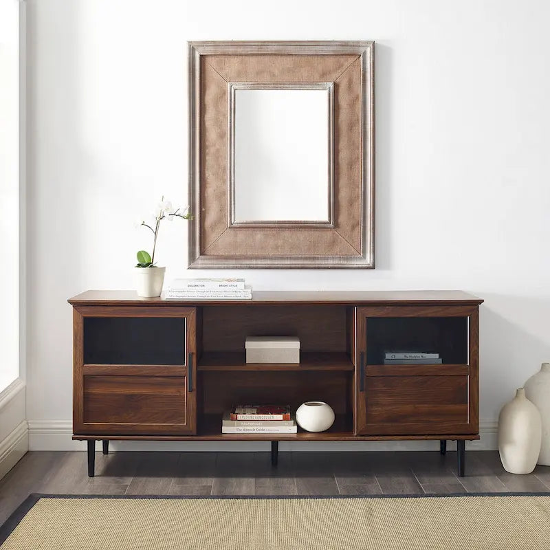 Meuble TV 2 portes à panneaux 147 cm – Chêne rustique / Gris ardoise / Noyer foncé, convient aux TV jusqu'à 165 cm