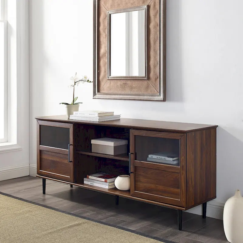Meuble TV 2 portes à panneaux 147 cm – Chêne rustique / Gris ardoise / Noyer foncé, convient aux TV jusqu'à 165 cm