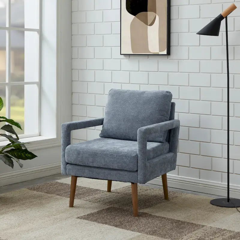 Fauteuil bleu en chenille rembourré avec coussin moelleux, style milieu de siècle
