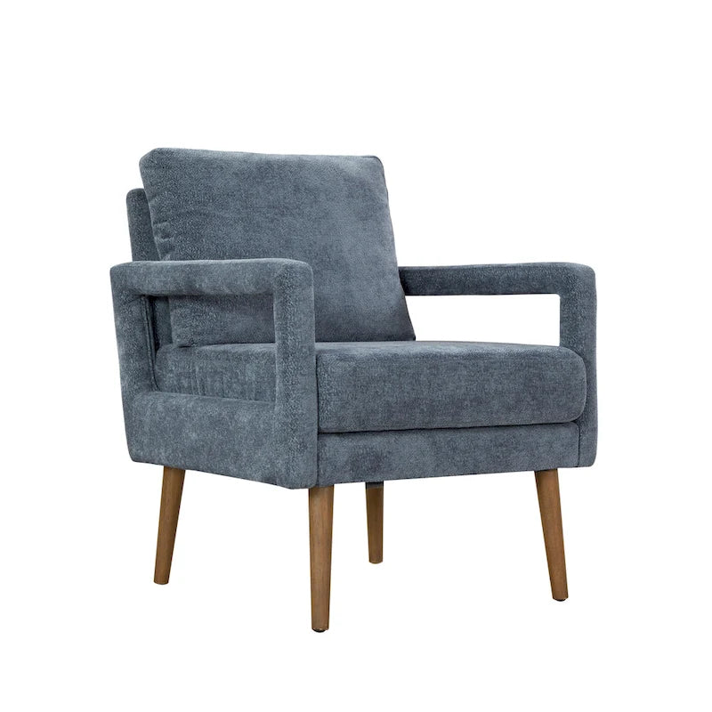 Fauteuil bleu en chenille rembourré avec coussin moelleux, style milieu de siècle