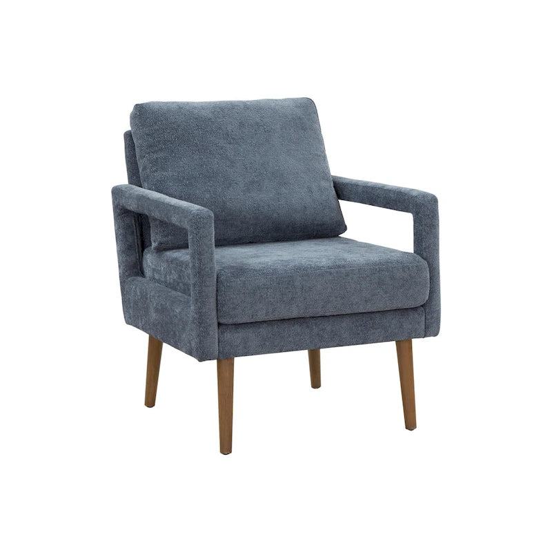 Fauteuil bleu en chenille rembourré avec coussin moelleux, style milieu de siècle