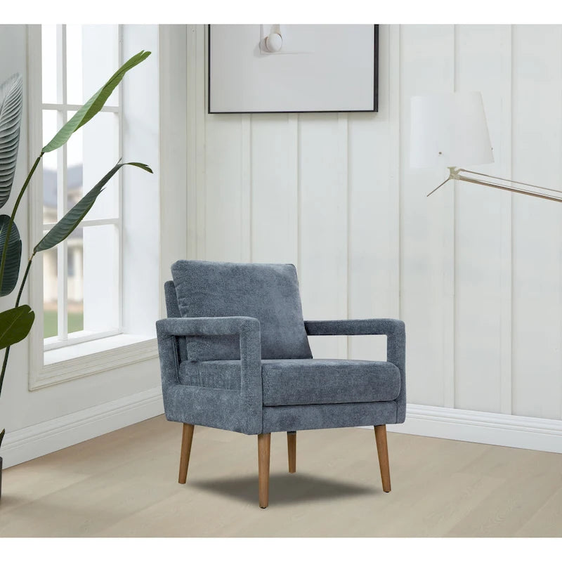 Fauteuil bleu en chenille rembourré avec coussin moelleux, style milieu de siècle