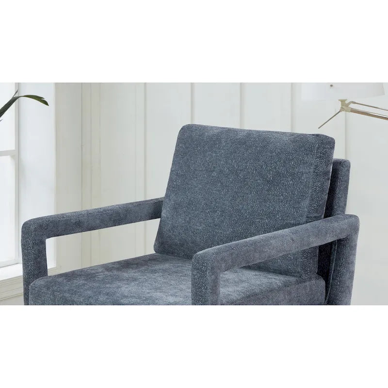 Fauteuil bleu en chenille rembourré avec coussin moelleux, style milieu de siècle