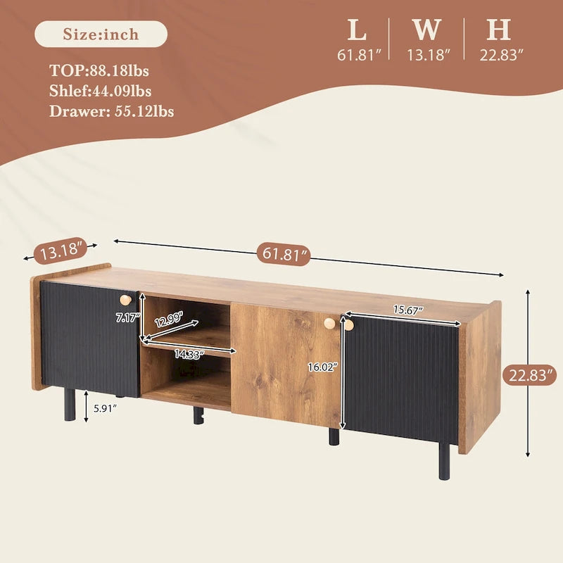 Meuble TV mi-siècle avec 3 rangements pour téléviseurs jusqu'à 70"