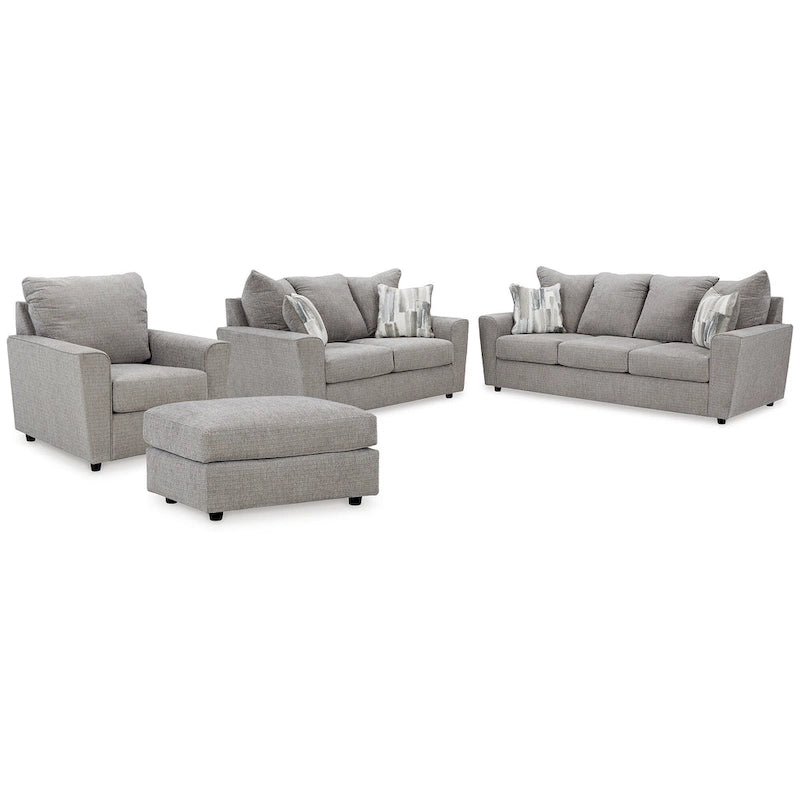 Ensemble de salon 4 pièces en chenille grise - Canapé, causeuse, fauteuil et ottoman