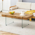 Table basse rectangulaire avec plateau effet bois et pieds en verre trempé