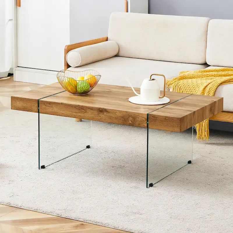 Table basse rectangulaire avec plateau effet bois et pieds en verre trempé