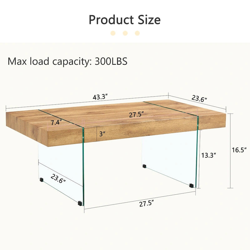 Table basse rectangulaire avec plateau effet bois et pieds en verre trempé