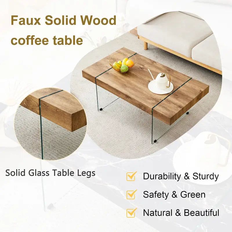 Table basse rectangulaire avec plateau effet bois et pieds en verre trempé