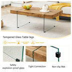 Table basse rectangulaire avec plateau effet bois et pieds en verre trempé
