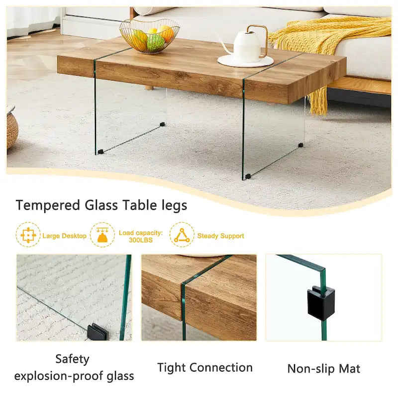 Table basse rectangulaire avec plateau effet bois et pieds en verre trempé