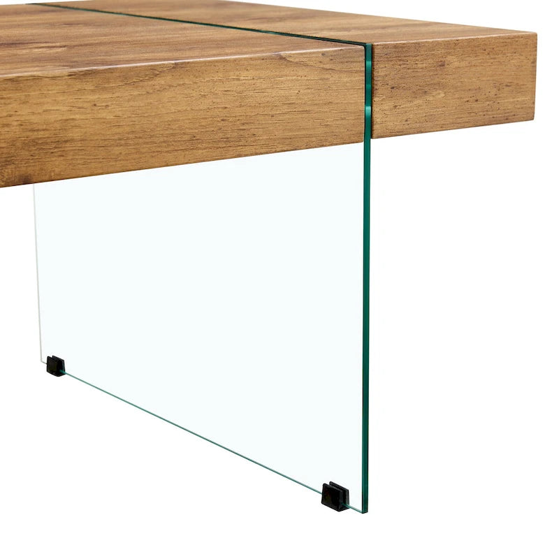 Table basse rectangulaire avec plateau effet bois et pieds en verre trempé