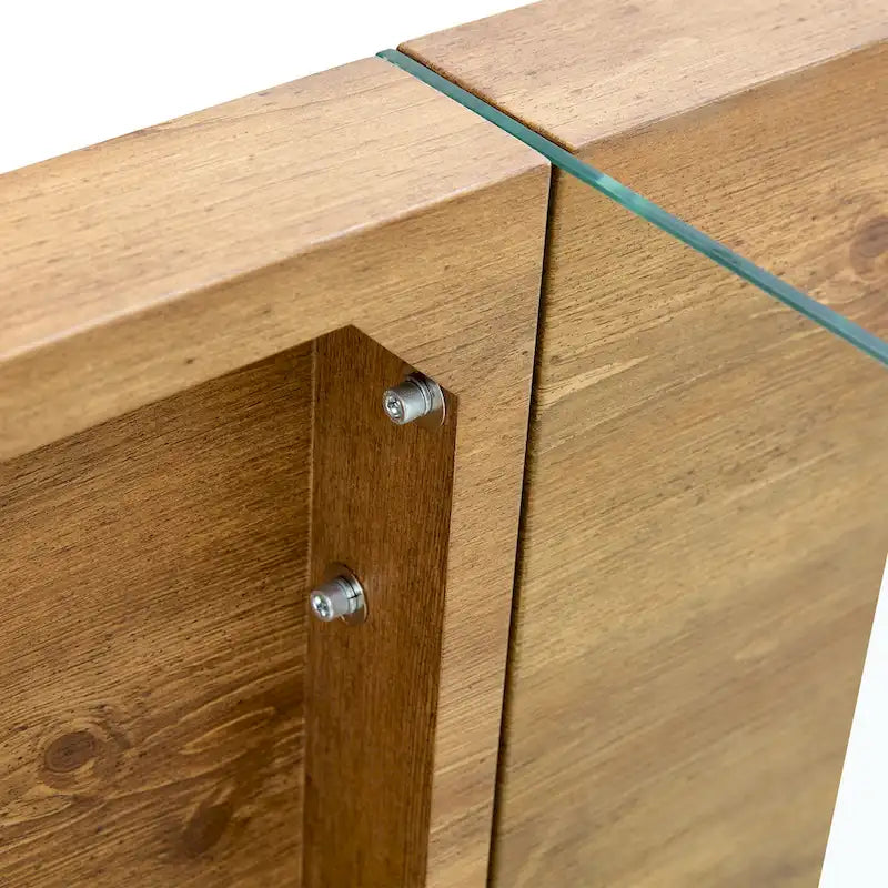 Table basse rectangulaire avec plateau effet bois et pieds en verre trempé