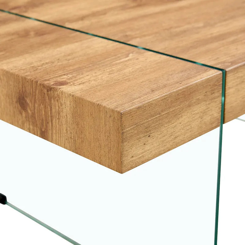 Table basse rectangulaire avec plateau effet bois et pieds en verre trempé