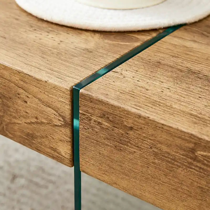 Table basse rectangulaire avec plateau effet bois et pieds en verre trempé