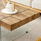 Table basse rectangulaire avec plateau effet bois et pieds en verre trempé
