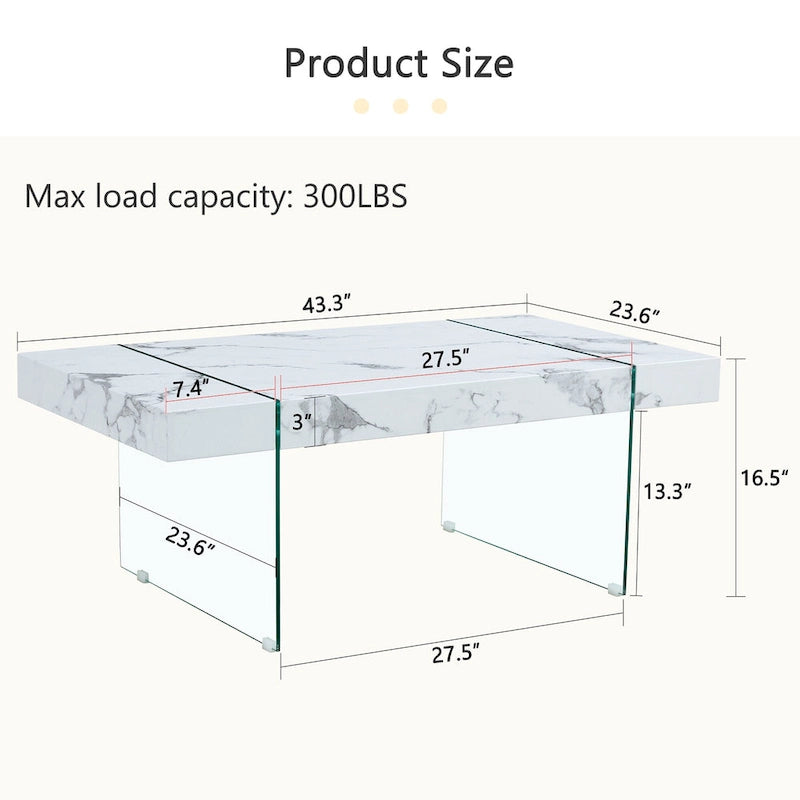 Table basse rectangulaire avec plateau effet bois et pieds en verre trempé