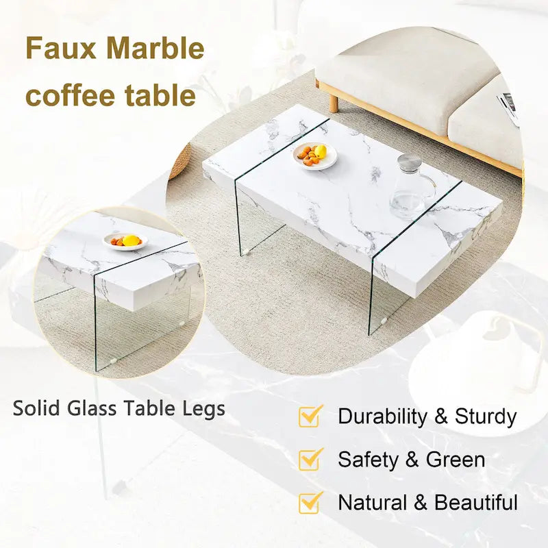 Table basse rectangulaire avec plateau effet bois et pieds en verre trempé