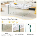 Table basse rectangulaire avec plateau effet bois et pieds en verre trempé