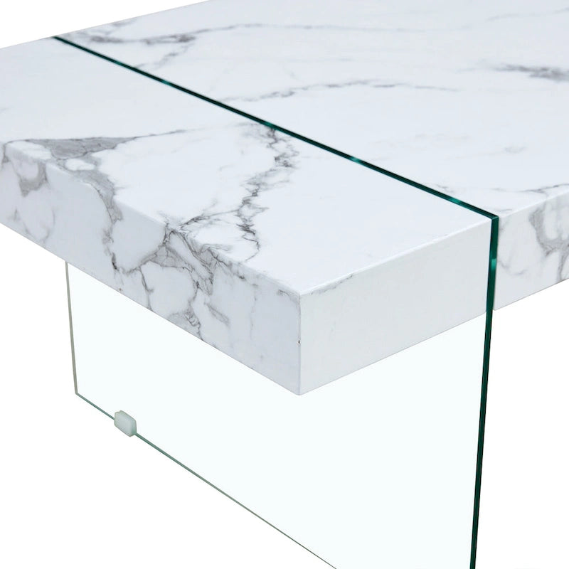 Table basse rectangulaire avec plateau effet bois et pieds en verre trempé